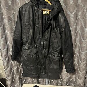Phase 2 Arcto Leather Parka Jacket Hooded Winter Coat‎ Puffer Black Sz-M Vintage